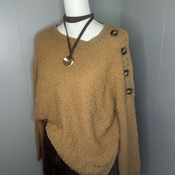 Cozycore Minimalist Tan Button Shoulder Sweater | Size XL - Picture 3 of 8